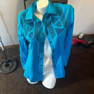 Cruel Girl Turquoise Button Down Shirt with Black Accents